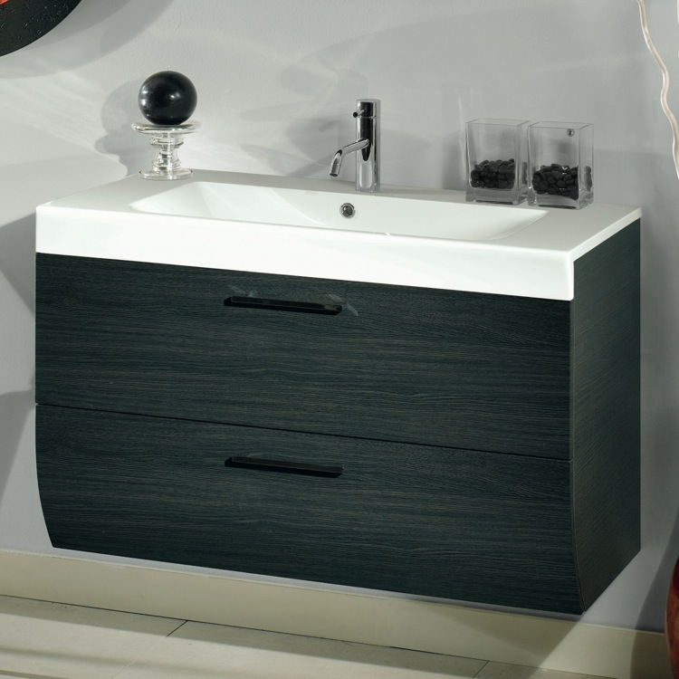 Bathroom Vanity, Iotti NN2C-Gray Oak, Wall Mounted Bathroom Vanity, Curved, 39 Inch, Grey Oak